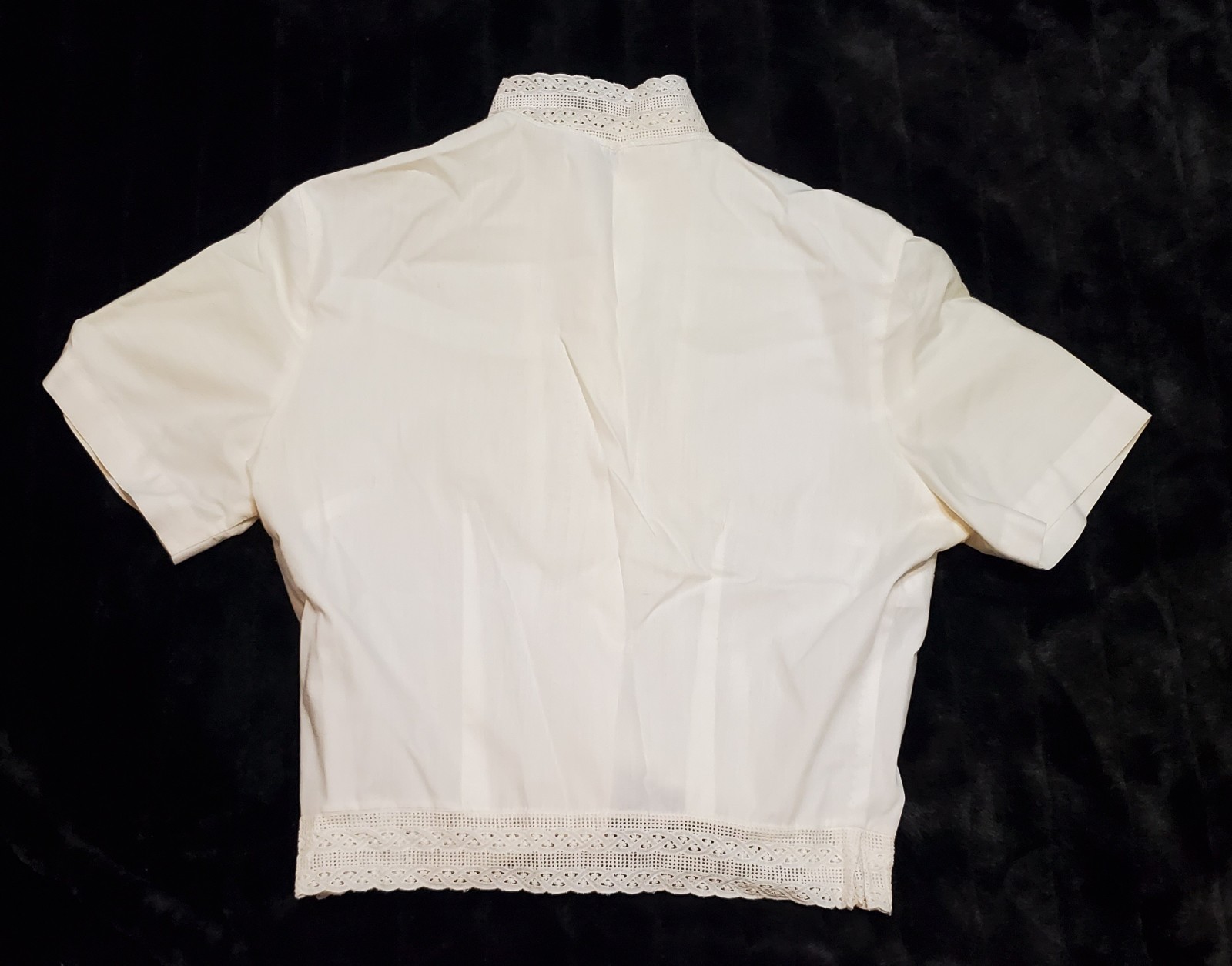 Vtg Terry Styled Chicago White Crop Top Lace Insert Trim Midriff Pinup Blouse