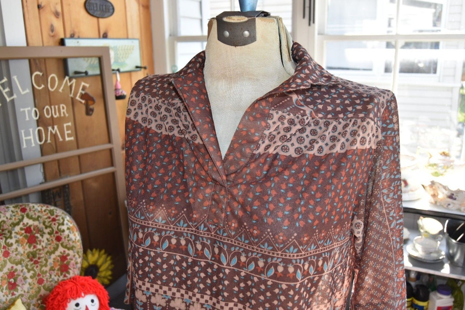 Vintage 1970s Blouse Boho Floral Geometric Print Tunic Sheer Brown M-L