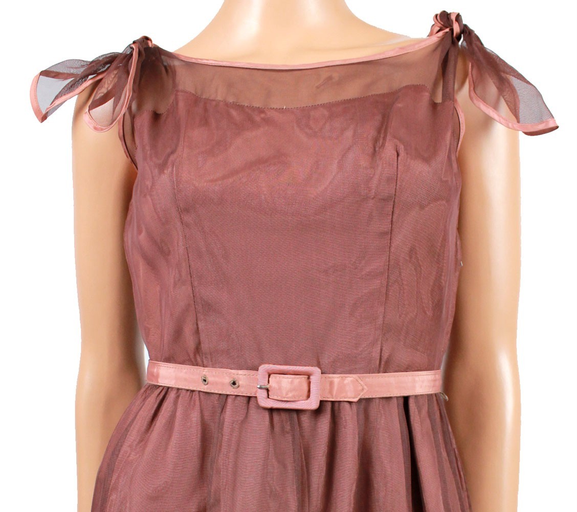50s Prom Dress XS Vintage Sleeveless Brown Tiered Tulle Cocktail Evening Gown