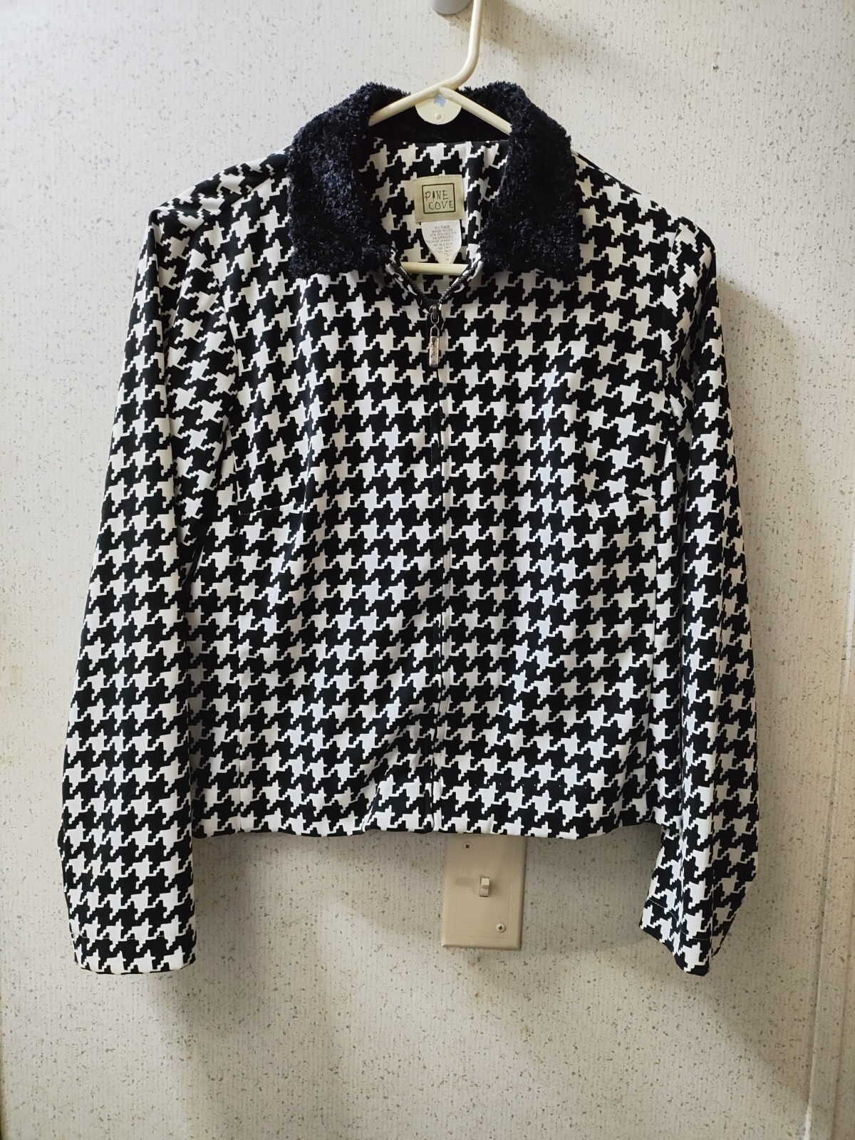 Vintage Pine Cove Houndstooth Jacket Zip-up Women’s 8 Fuzzy Collar Y2K 90s Clean