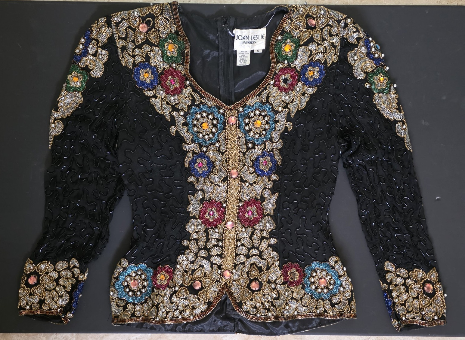 Joan Leslie Evenings Vintage 100% Silk Sequin Beaded Formal Blouse Top Size S