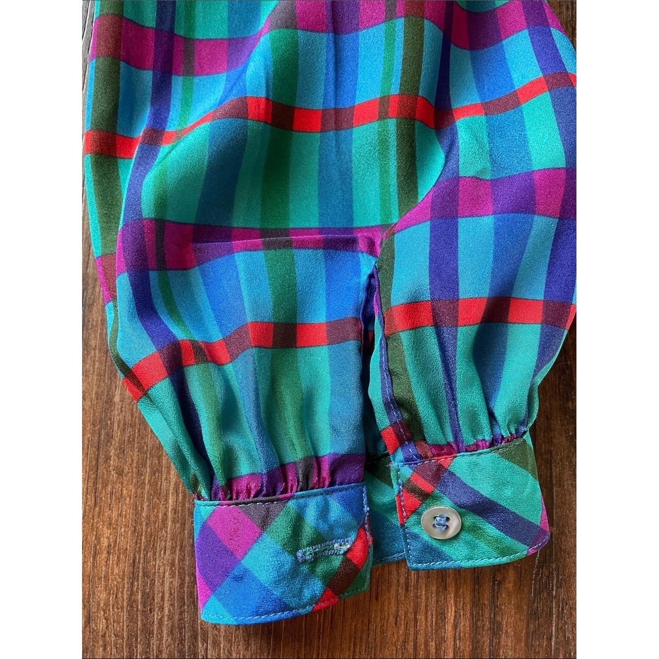 Vintage Liz Claiborne Plaid Blouse Teal Purple Green Red Button Side Panel Sz 8