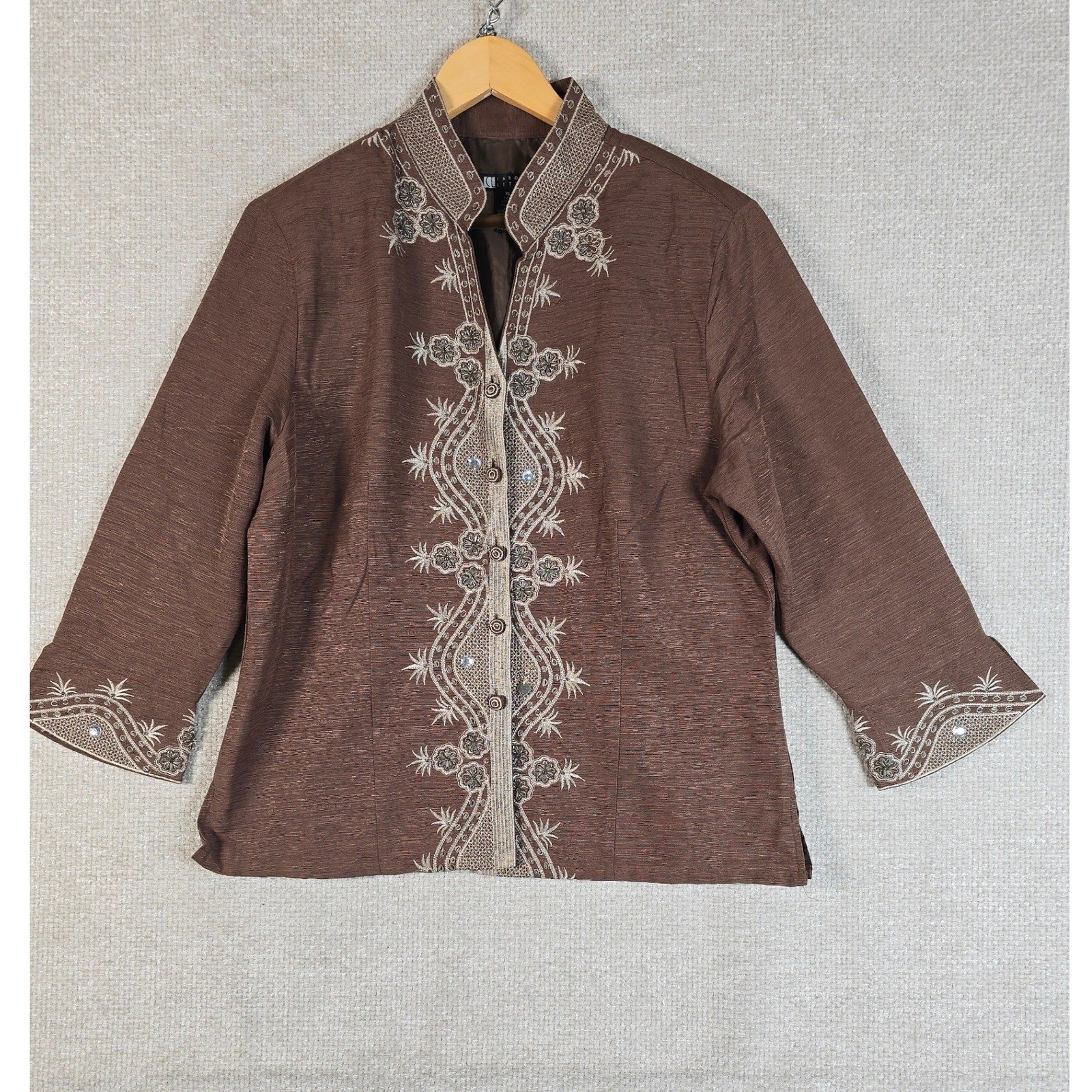 VTG Carole Little Silk Jacket XL Brown Beaded Embroidered Boho Art to Wear Lined