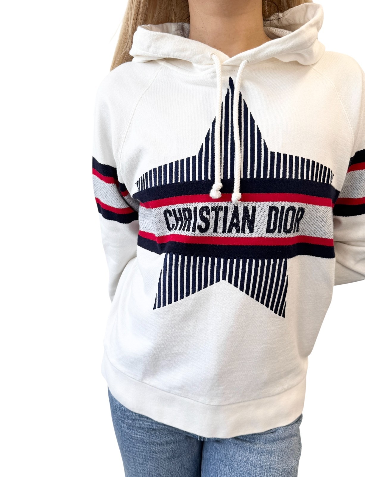 Christian Dior 21AW Big Star Logo Hoodie Sweatshirt Top #XS White Blue Red