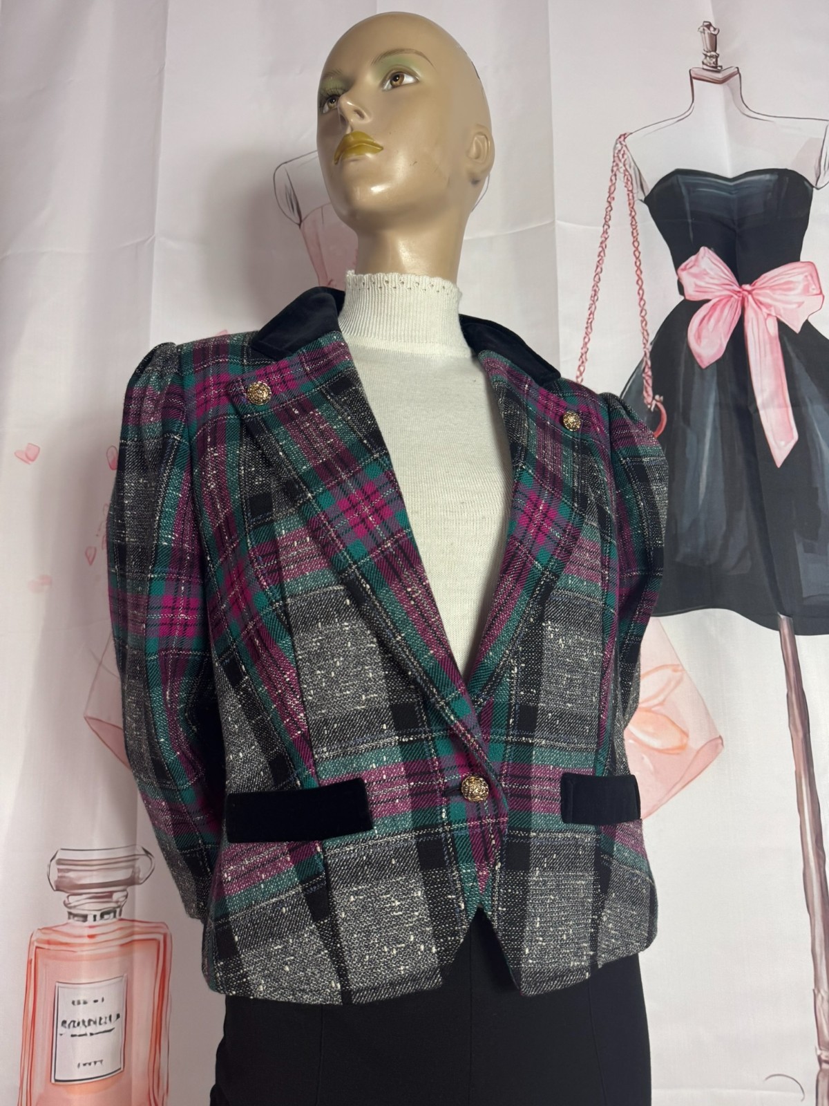 Vintage Virgin Wool Blazer 38 40 Plaid Velvet Jacket 90s Wool Blazer Chic Smarti ✨