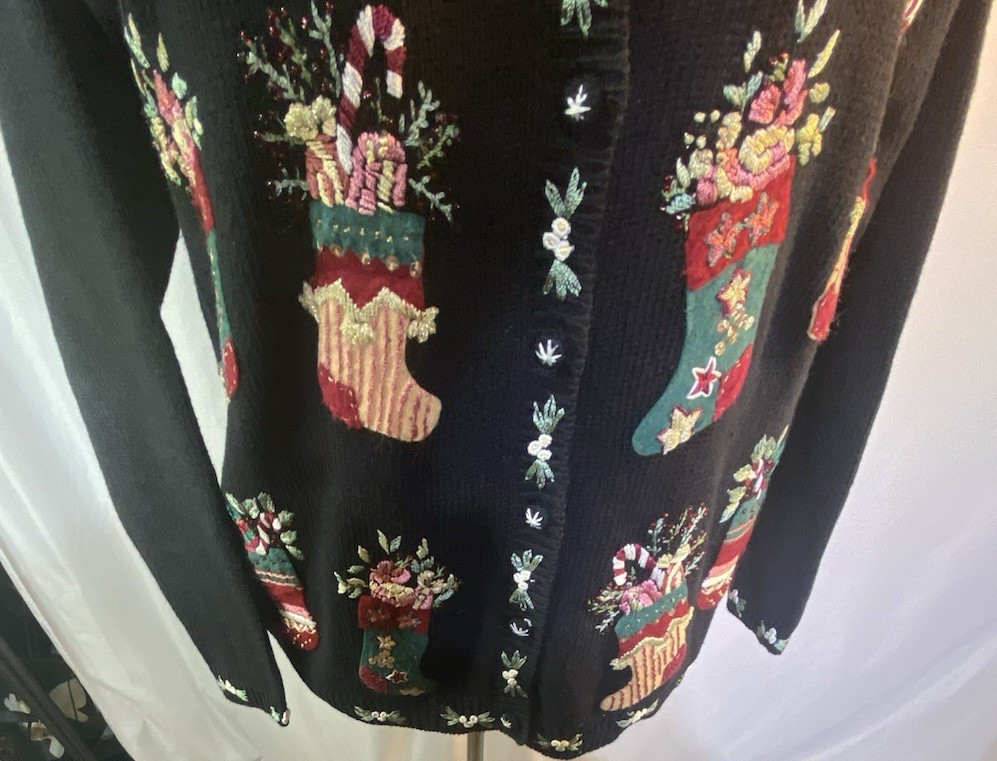 STITCHES IN TIME Christmas Stockings Cardigan Large Sweater Vintage L Black