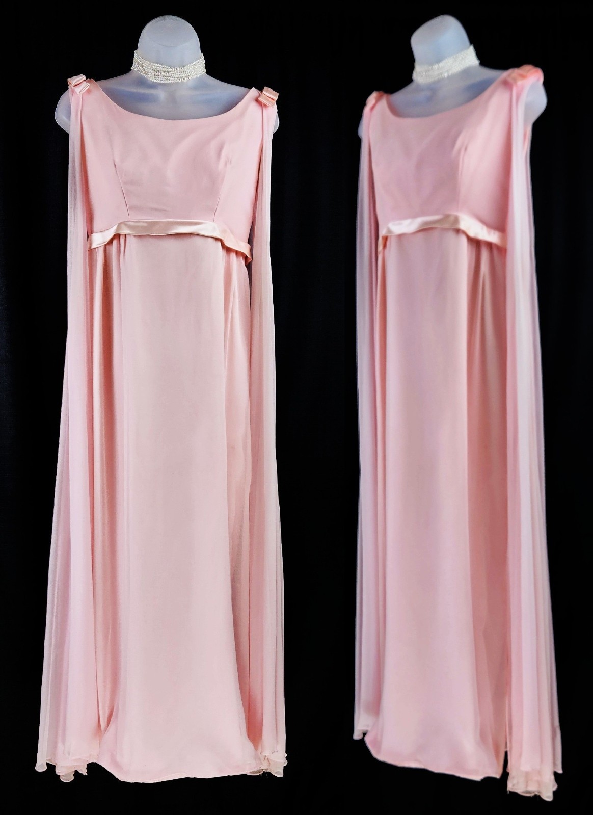 VTG 60s Pink Chiffon Gown w Waterfall Train ~ empire column bridal wedding