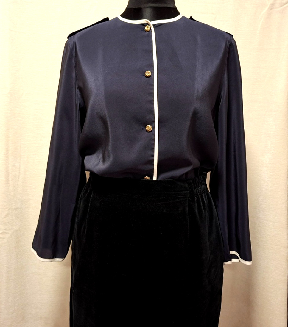 Vintage 80s Navy Blue Button Up Blouse With Gold Buttons And Cream Piping