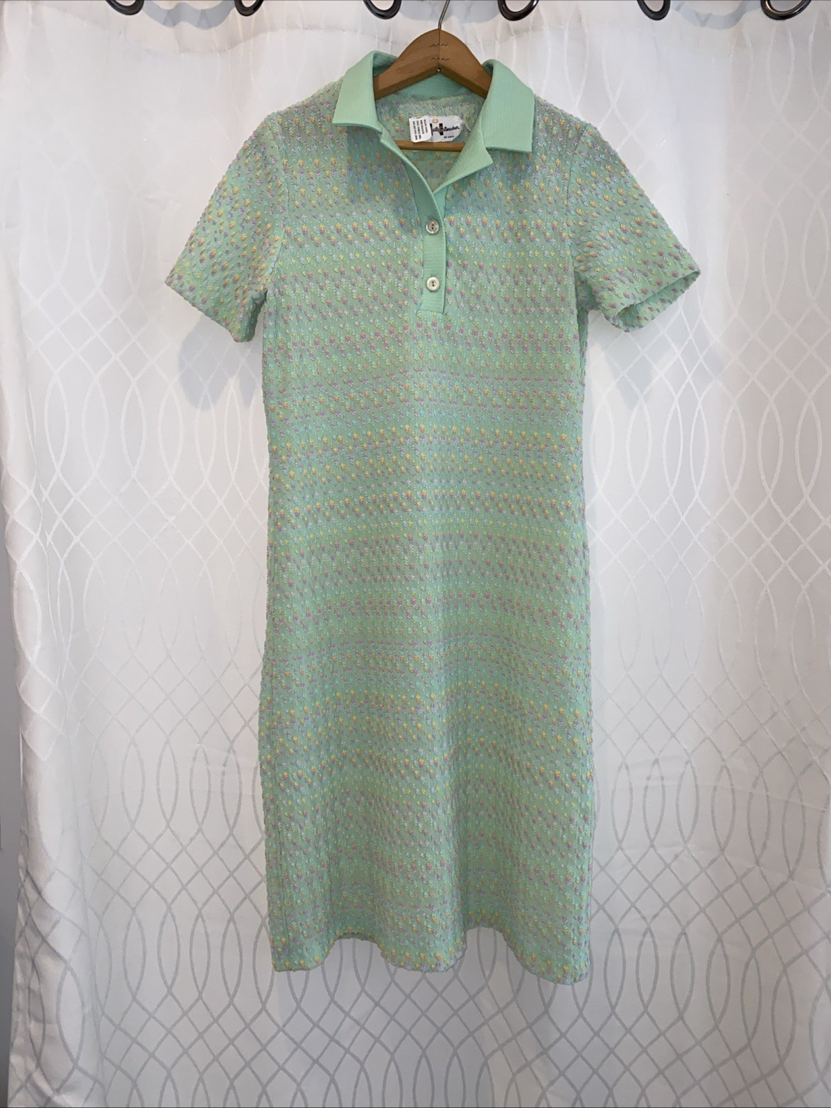 Vintage 70’s Mod/GoGo Mint Green With White&Pale Blue Striped Shirt Dress~M