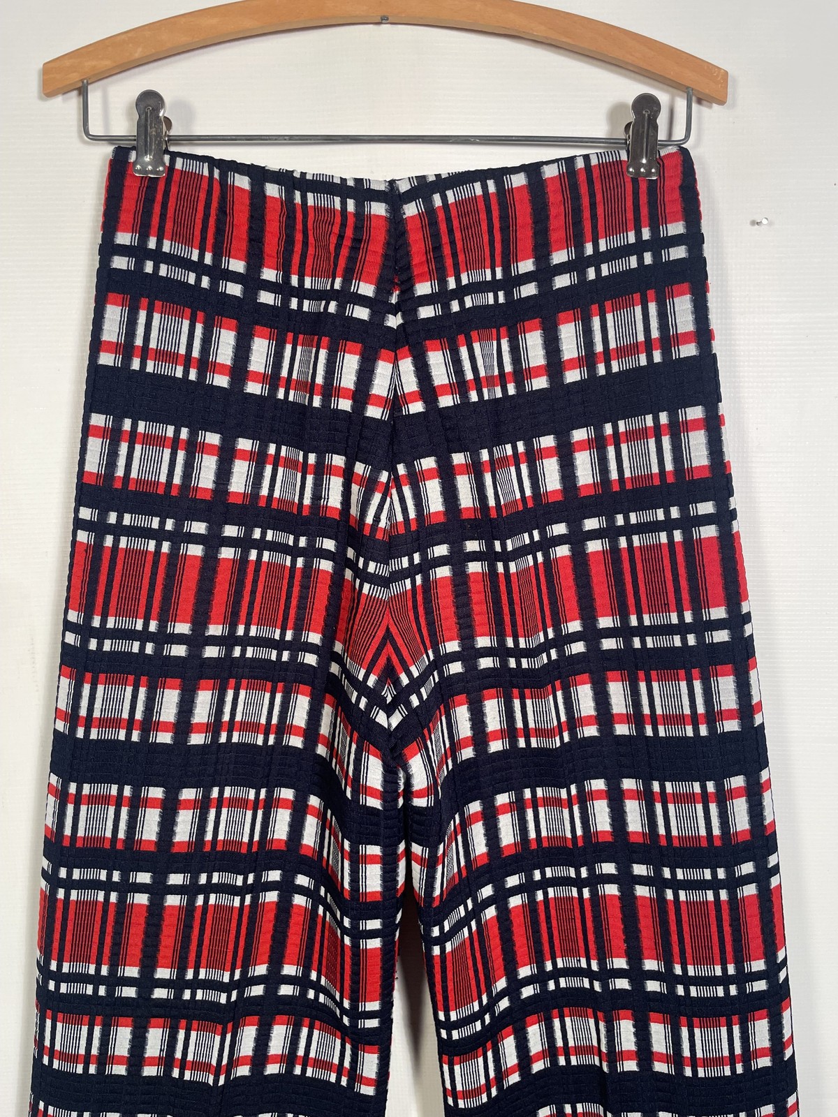 Vintage 1970s Textured Plaid Red White And Blue Flare Leg Pants Size 28×29
