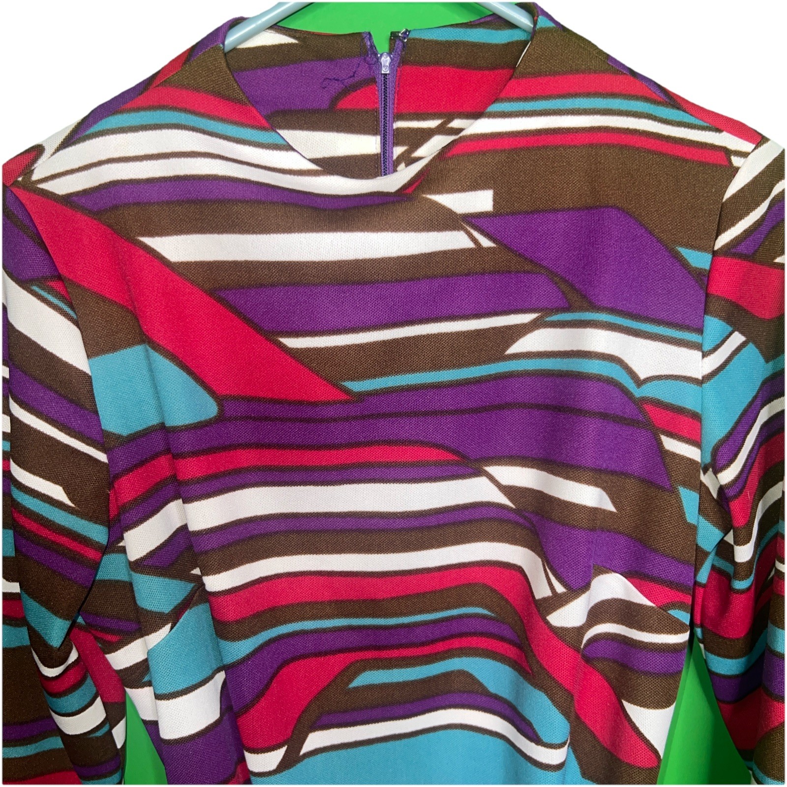 VTG 70’s Brown, teal, white and purple Sleeve Dress M/L Zip Front Midi