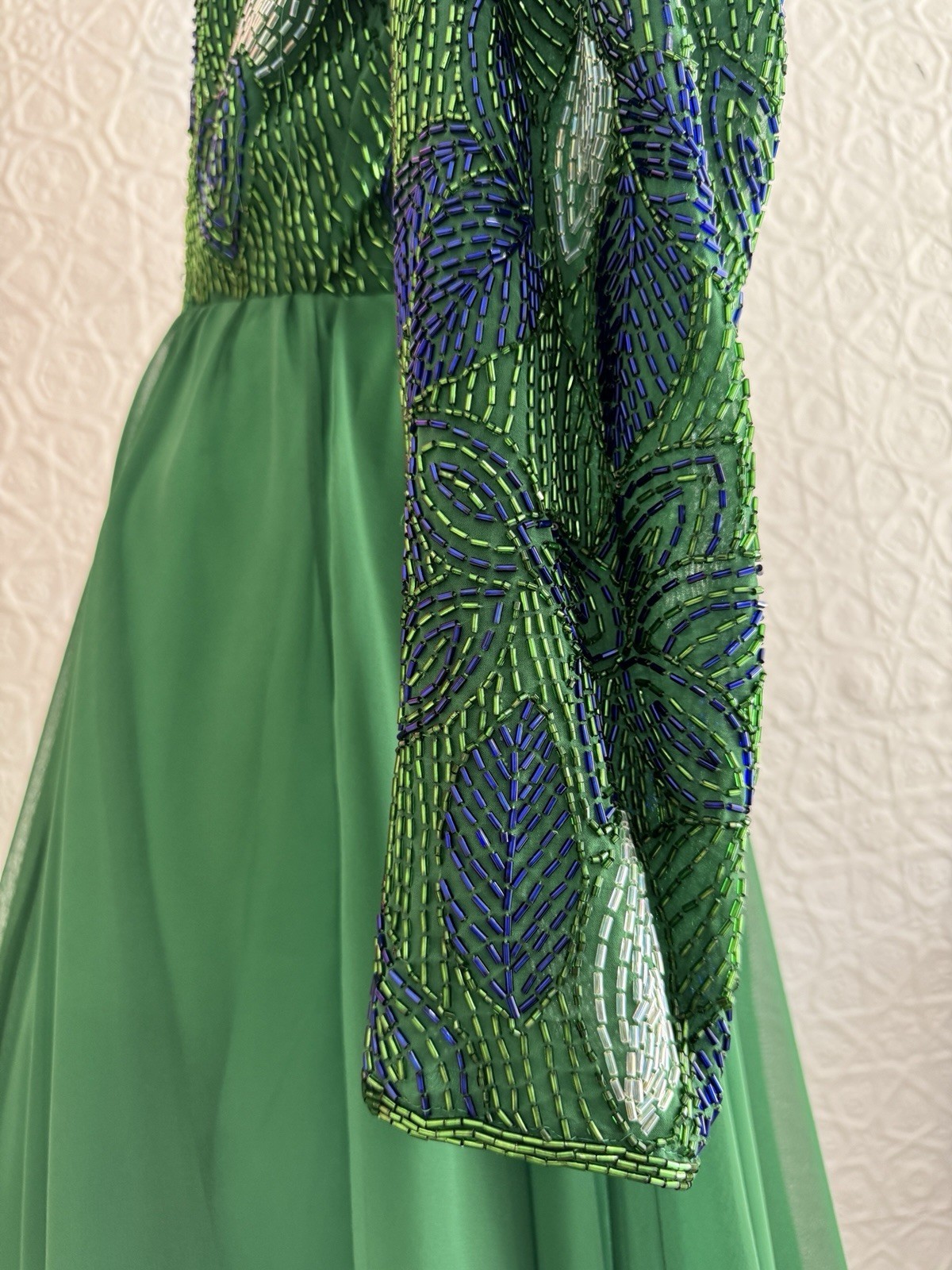 1980s Green Beaded Chiffon Cocktail Dress-Floral-Foliage-Glam-Hollywood-S/M