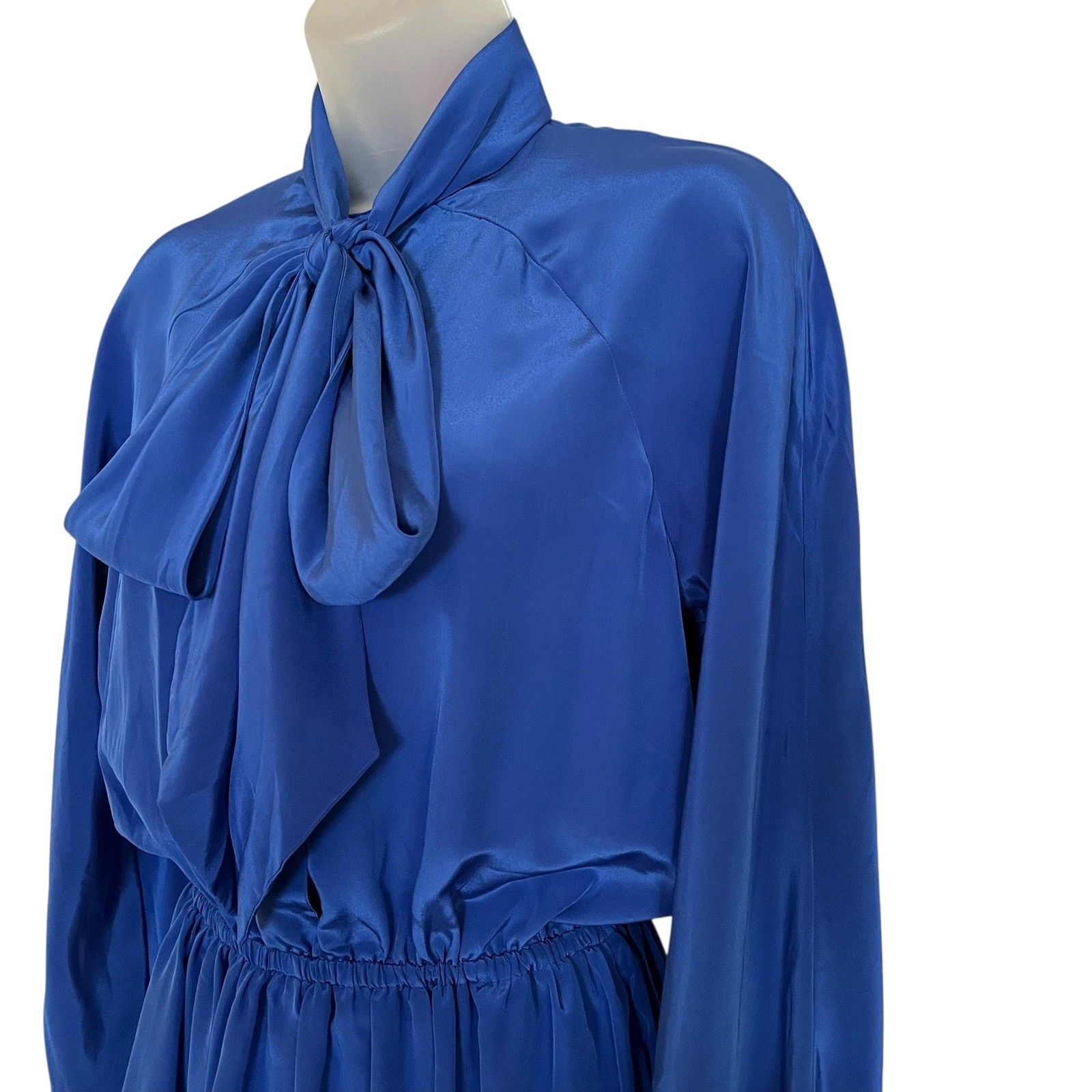 Vintage Halston III Blue Satin Tie-Neck Blouson Midi Secretary Shirt Dress XS/S
