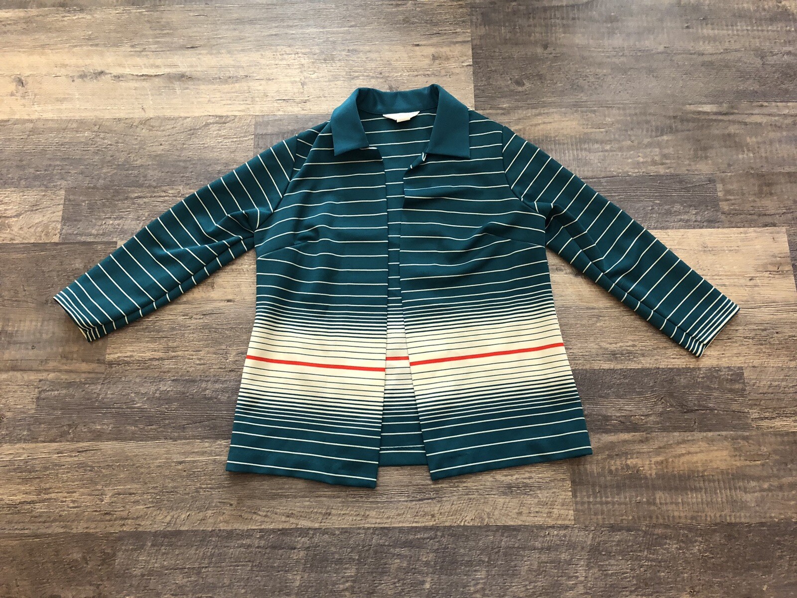 Vintage 70s Open Front Polyester Jacket Teal Multi Color Stripe Size 18