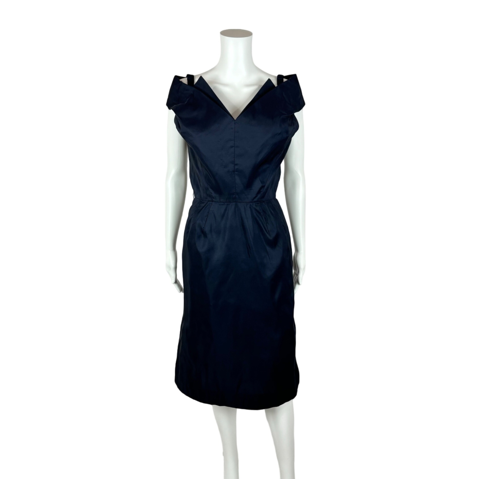 Vintage 50s Cocktail Dress Women’s XXS Winged Bodice Dark Blue Bombshell Pin Up