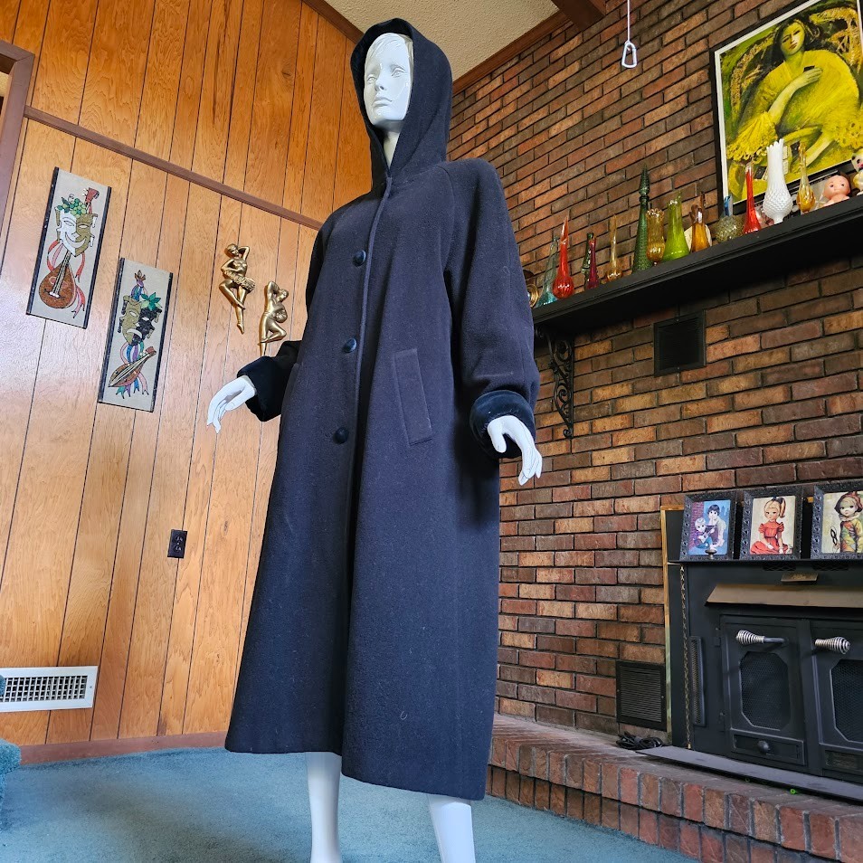 Vtg 80s Little Gothic Riding Hood Black Wool Velvet Full Length Cloak Coat L/XL