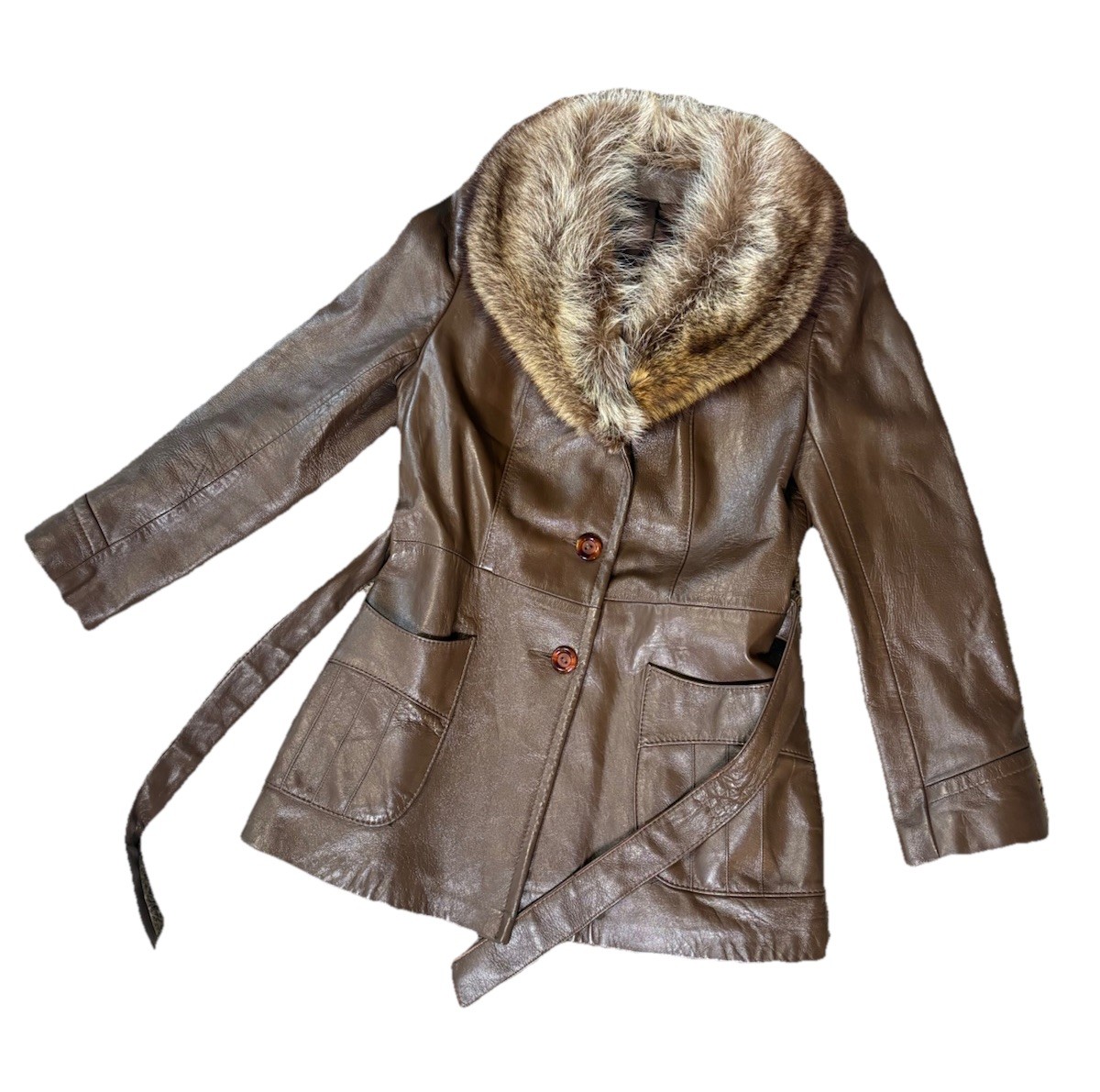 70s Womens S Raccoon Fur Brown Leather Peter Caruso Belted Jacket Coat Vintage