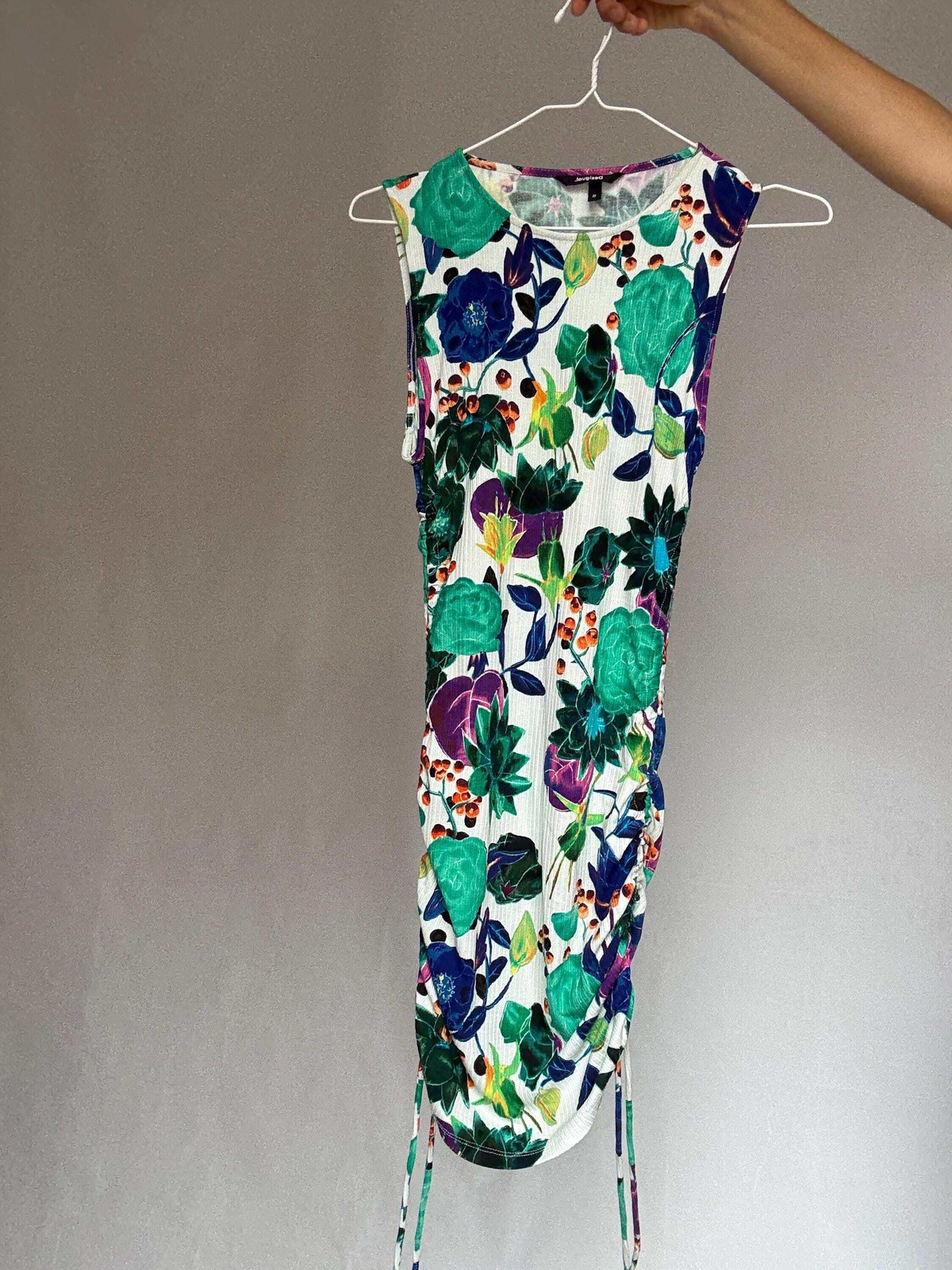 Desigual floral mini dress, feminine fitted silhouette, ribbed texture, adjustab