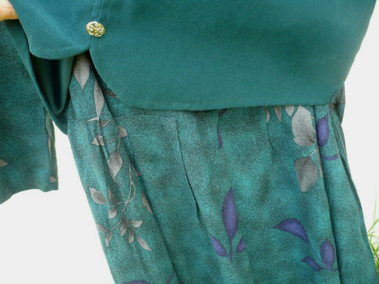 VTG 90S MISS DORBY P M GREEN GRAY PURPLE LEAF PLEAT SECRETARY VEST TEACHER DRESS