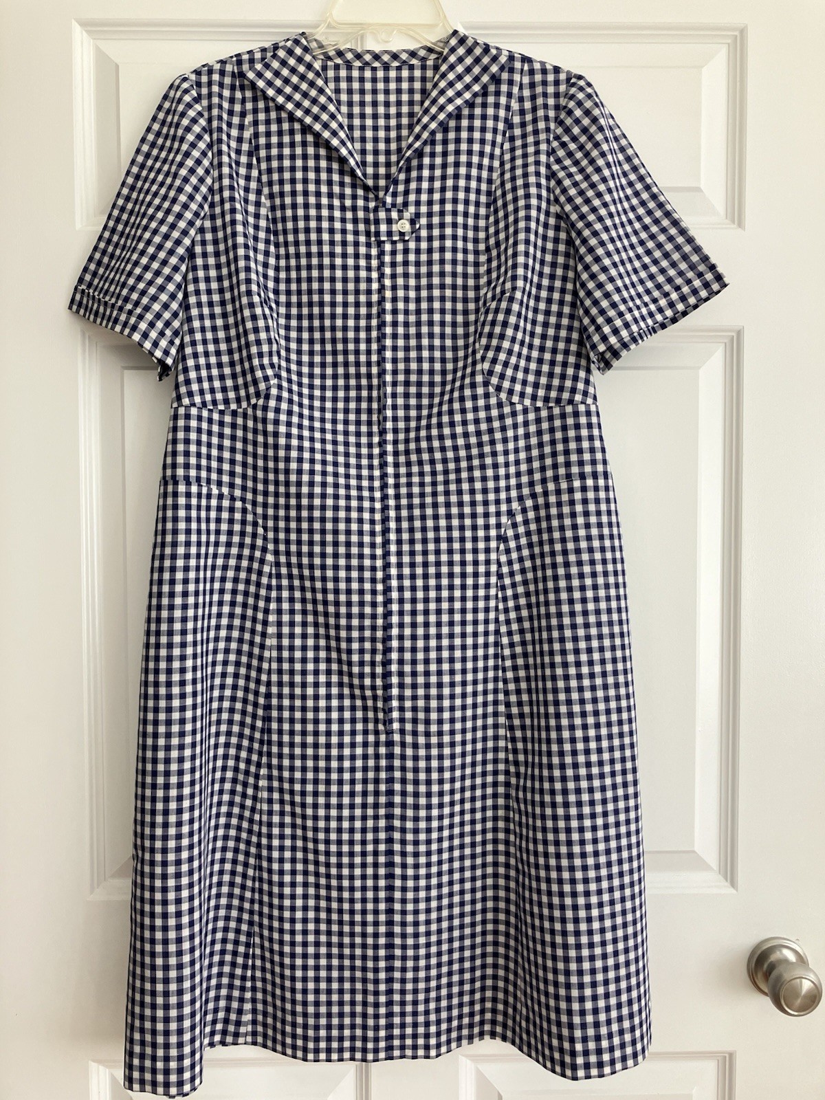 Vintage 50s PLUS SIZE Gingham Waitress Uniform Dress Front Zip 1/2 Belt 46-42-46