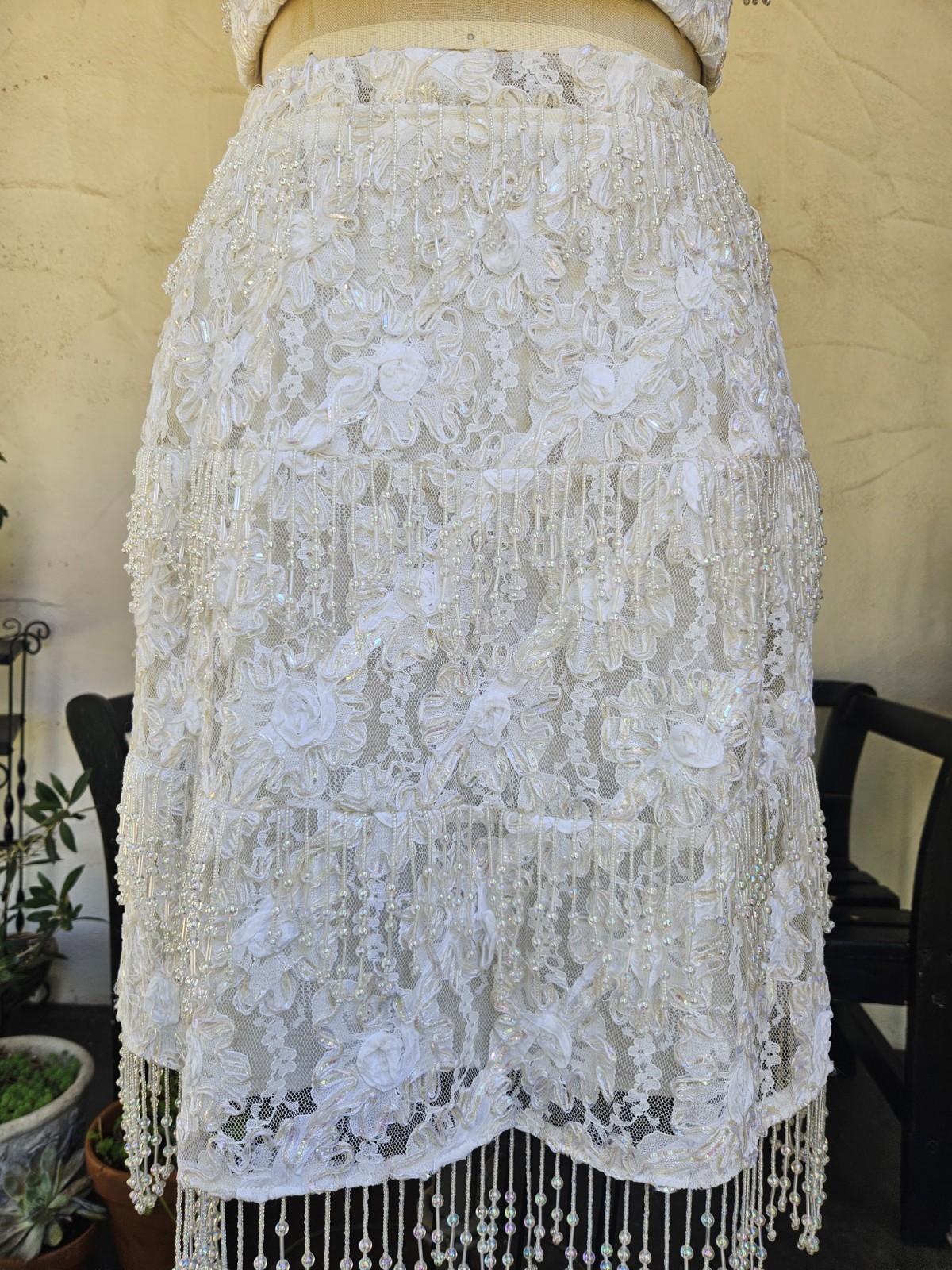 Vintage 1980s 2 Pic Wedding Dress Beaded Fringe Lace Bridal Bustier And Skirt L