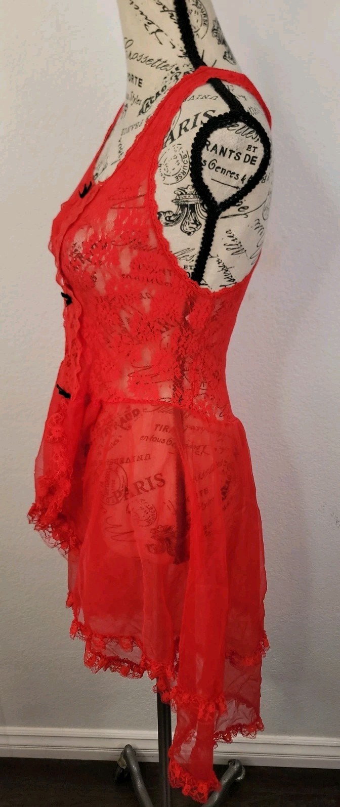 Vtg Stroke of Midnight Red Chemise L Sheer Lace Lingerie Coquette Babydoll USA