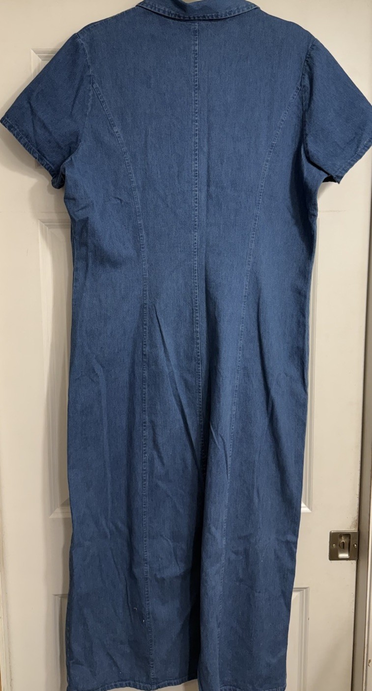 Vtg 90s Tradwife Traditional Faded Glory Button Down Denim Dress Sz 14 Ribbed