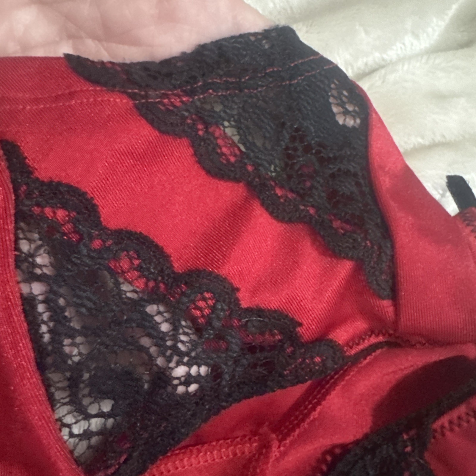 Vintage Black Fuchsia Satin Red Black Lace Sides Bikini Panty Stretch Sexy