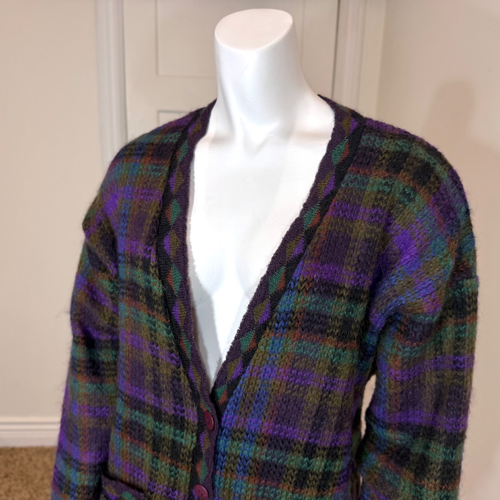 Vintage 80’s PLAID MOHAIR CARDIGAN M Knit Sweater Boxy Oversized Retro Pockets
