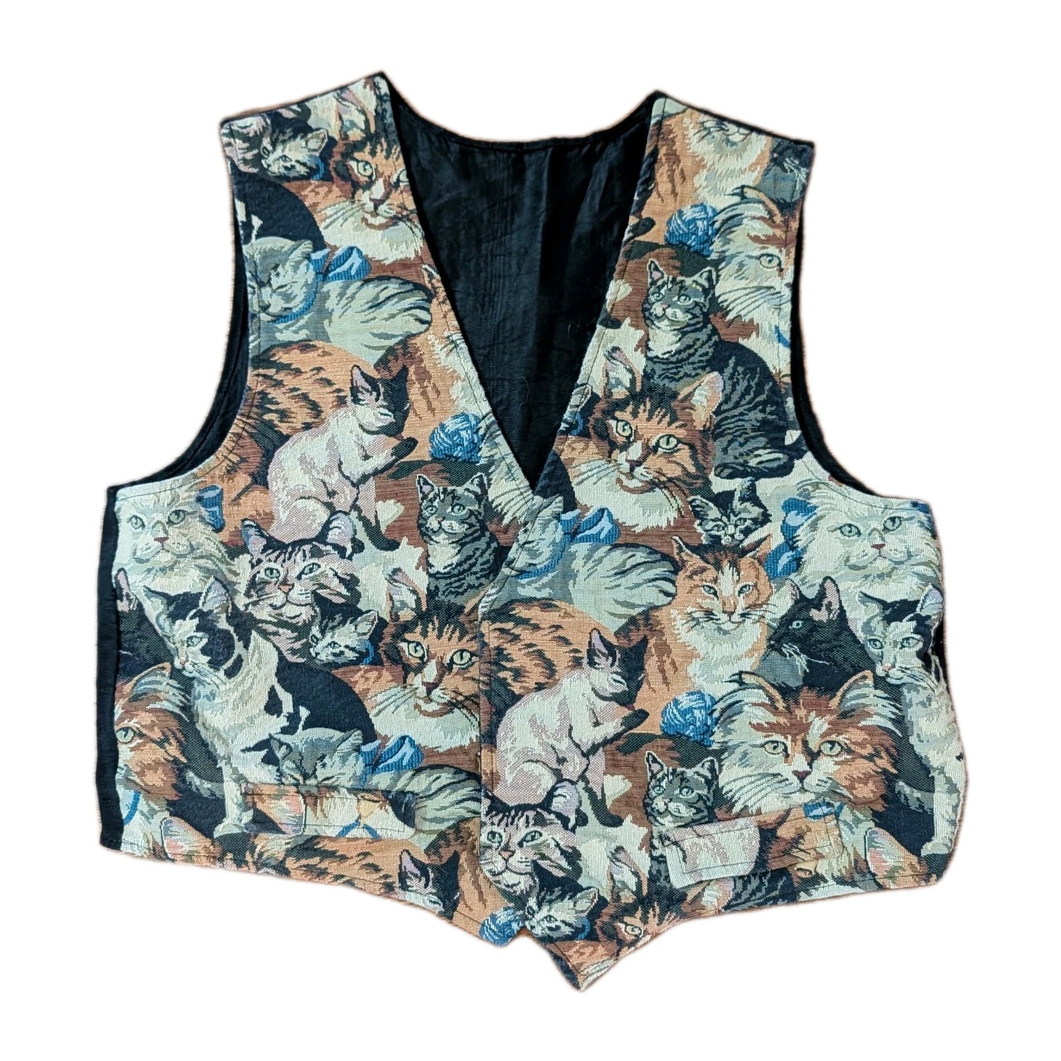 Vintage Handmade KITTY CATS Vest Tapestry Women’s XL Grandmacore Black Lined