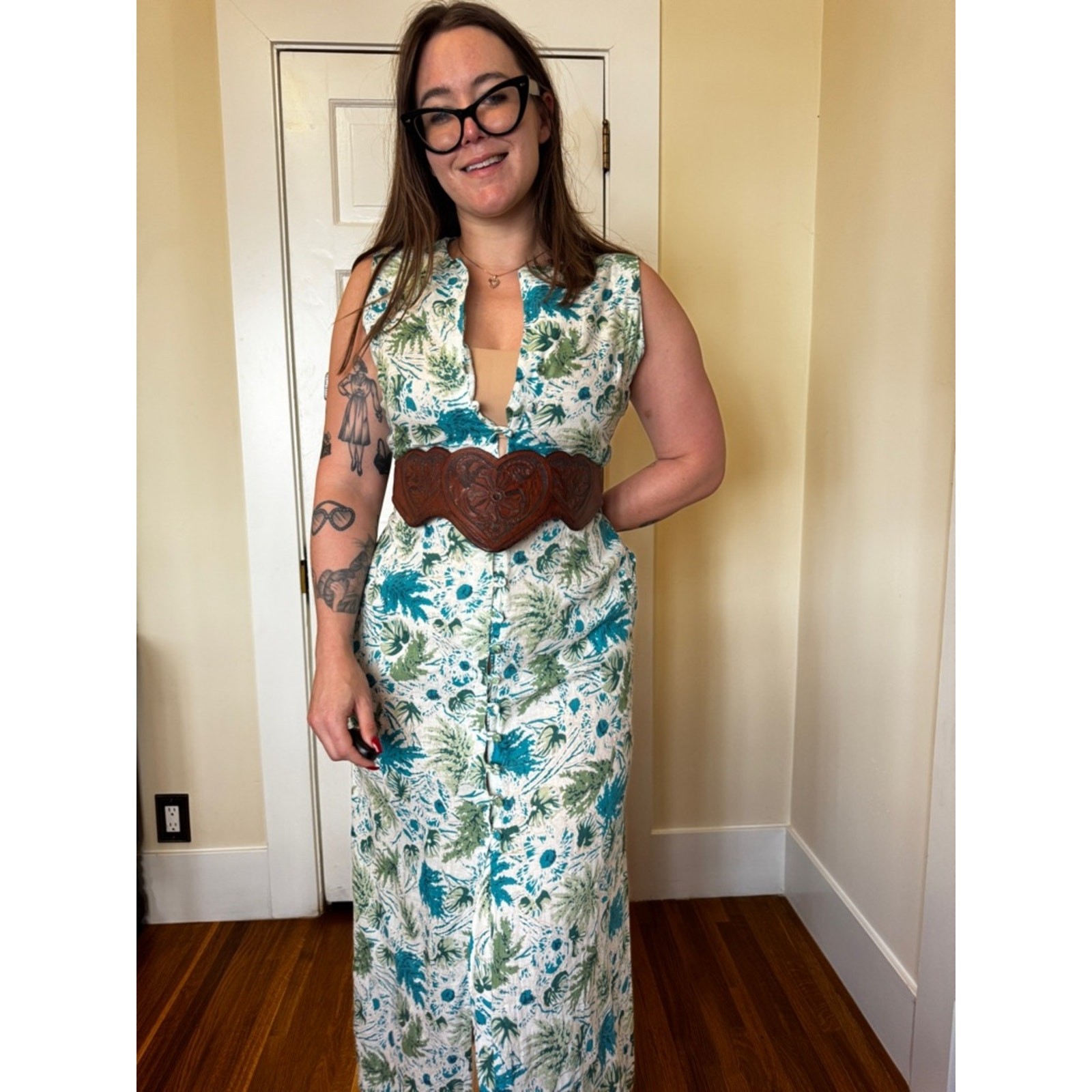 60s Vintage Tropical Print Linen Column Dress Sz S
