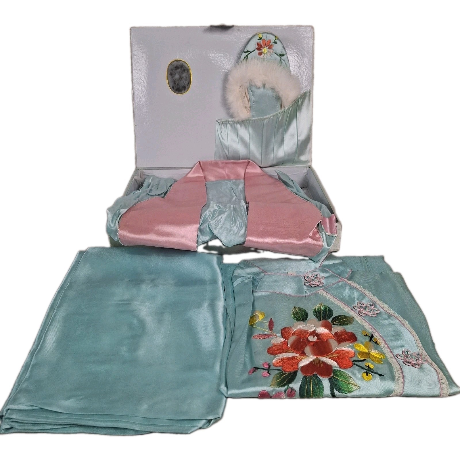 Vintage 1950s Blue Satin Pajama Robe Set Embroidered Floral Slipper Boxed L