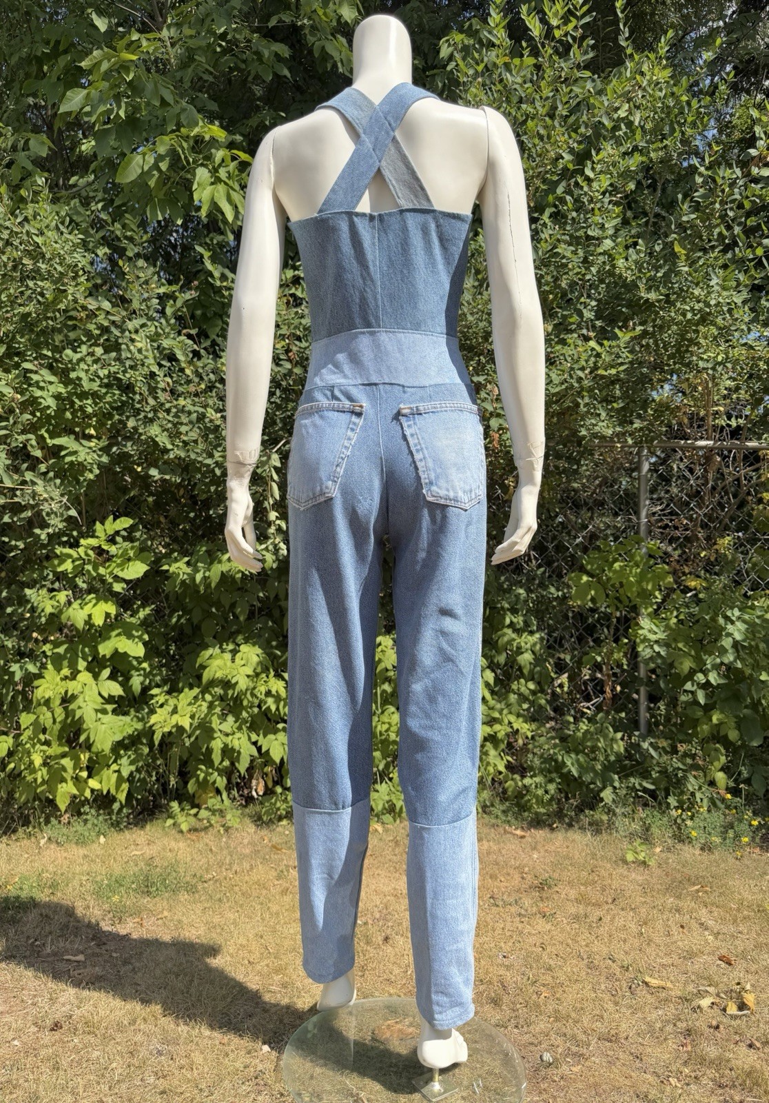 Vintage DENIM JUMPSUIT Patchwork 1980s 90s does 1940s Bib Overalls Distressed XS