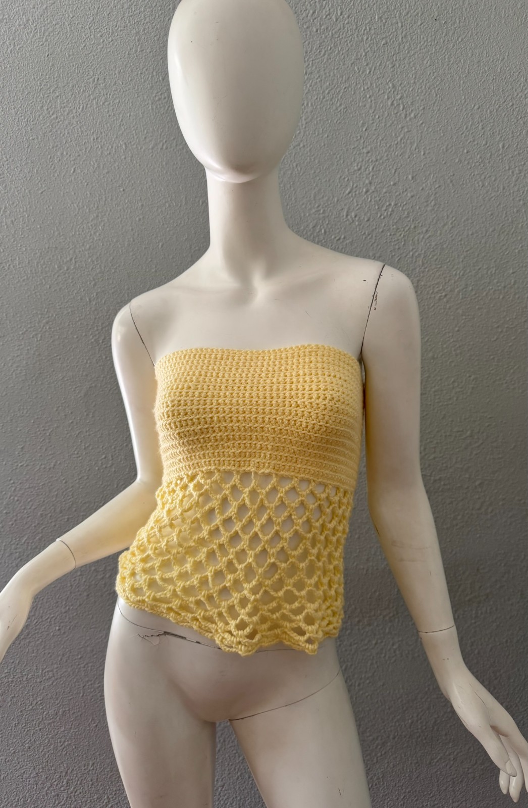 Vintage 70s Yellow Strapless HAND KNIT Hippie Tube Top Blouse XS/S