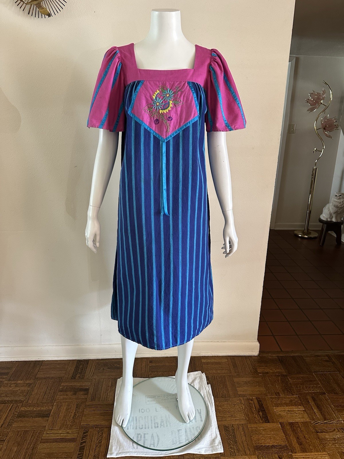 1970s Mexican Huipil Dress Embroidered Floral Pink Blue Stripe Cotton M Vintage