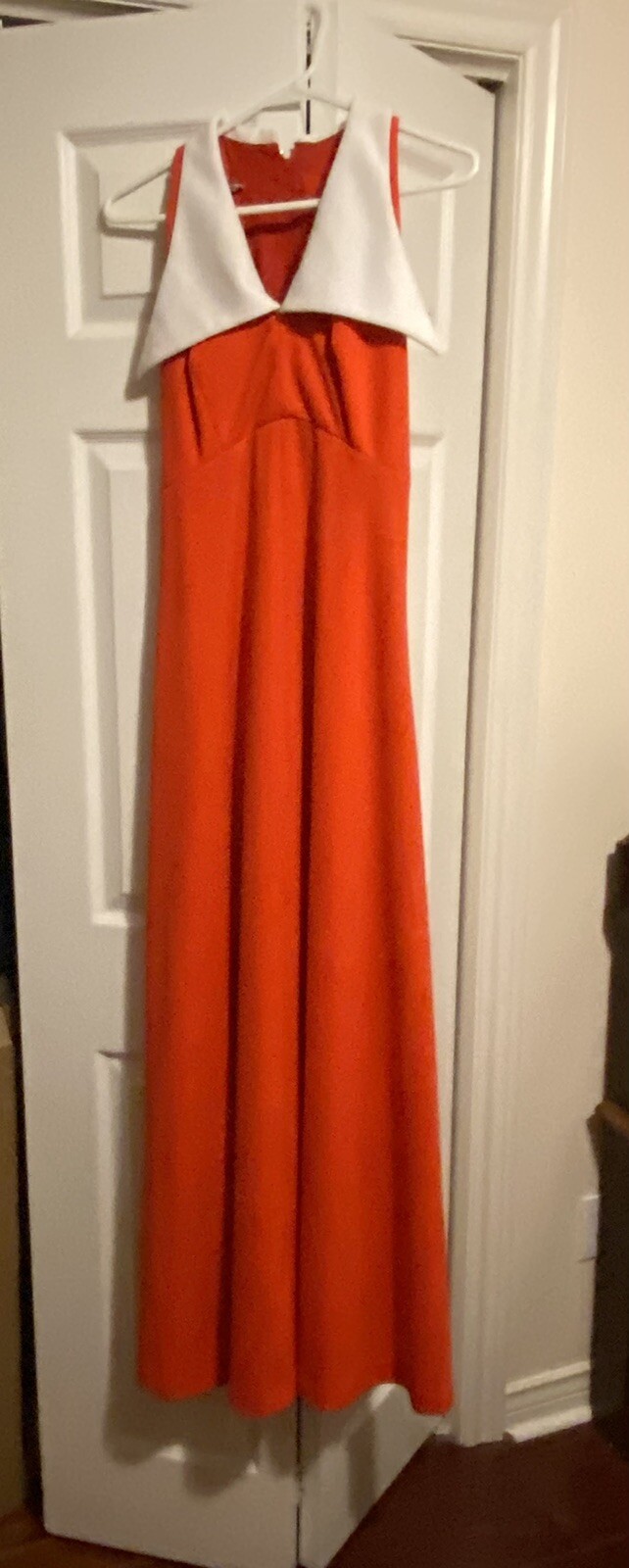 Vintage 1960’s The House of Nu-Mode. Red Maxi Dress with White Collar. Like New