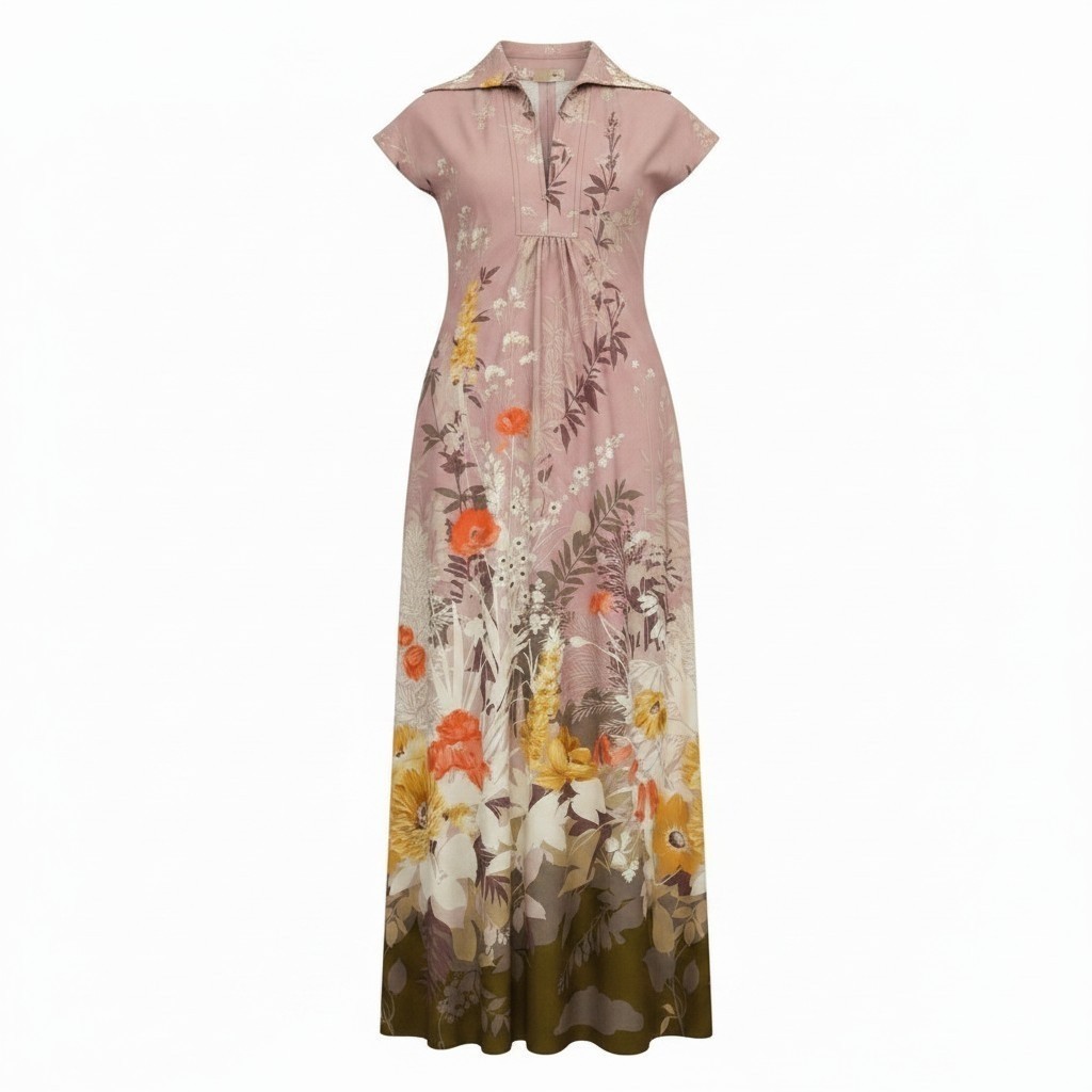 Vintage 70s McInerny Hawaii Floral Mandarin Collar Maxi Dress Muumuu Pink S/M