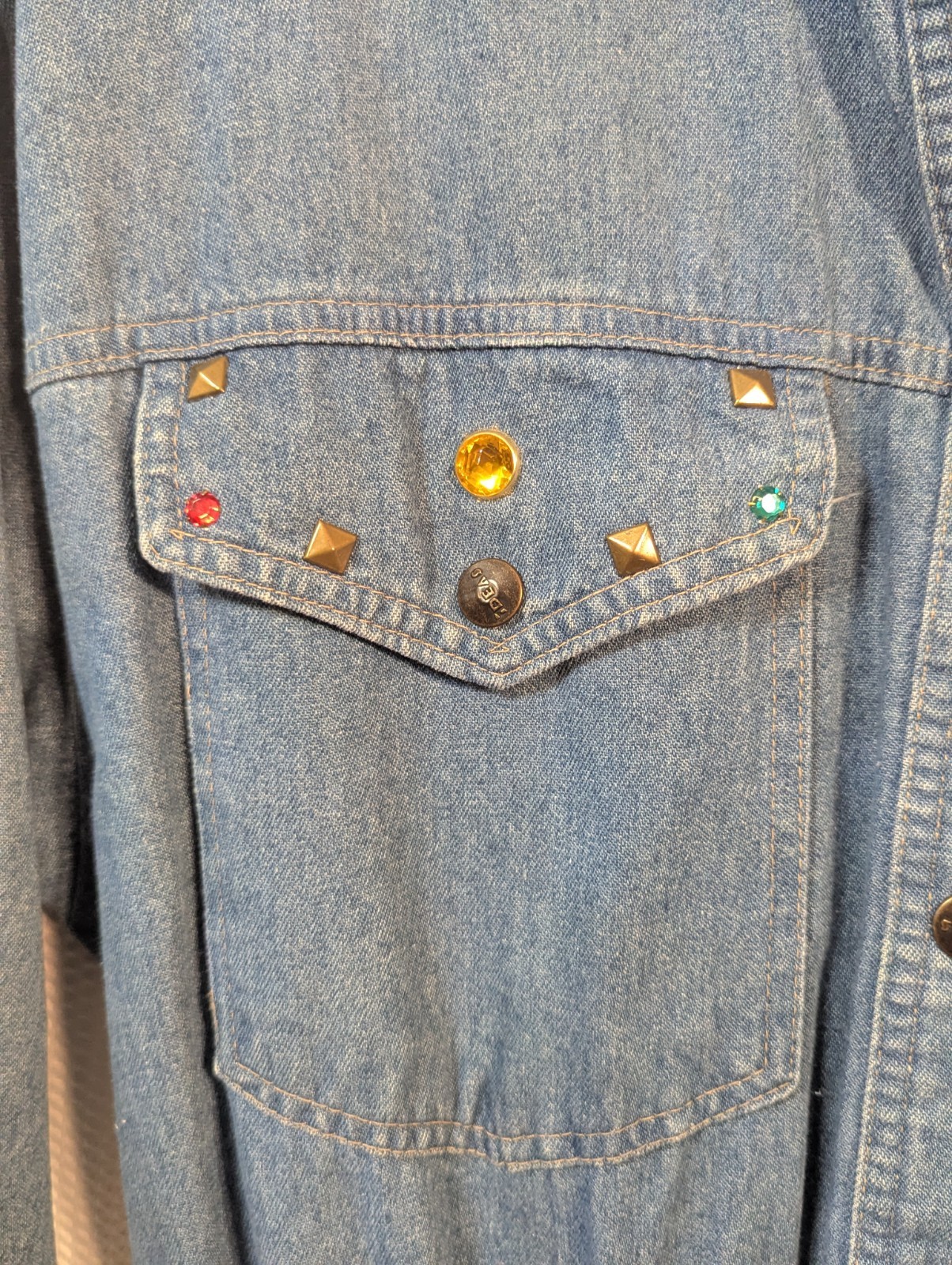 Vintage Ideas Bling Embellished Denim Dress Button Up Pockets 80s 90s Size XL
