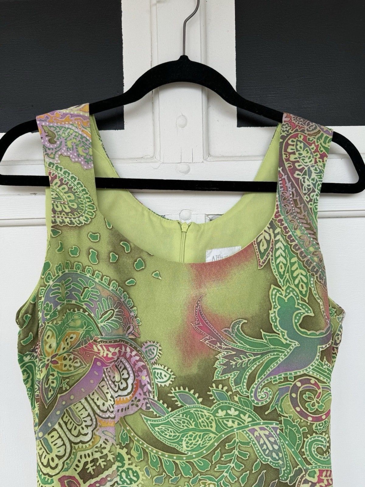VTG Althuser Dress Viscose Green Pink Ruffled Bottom Batik Zipper Lined Sz 12