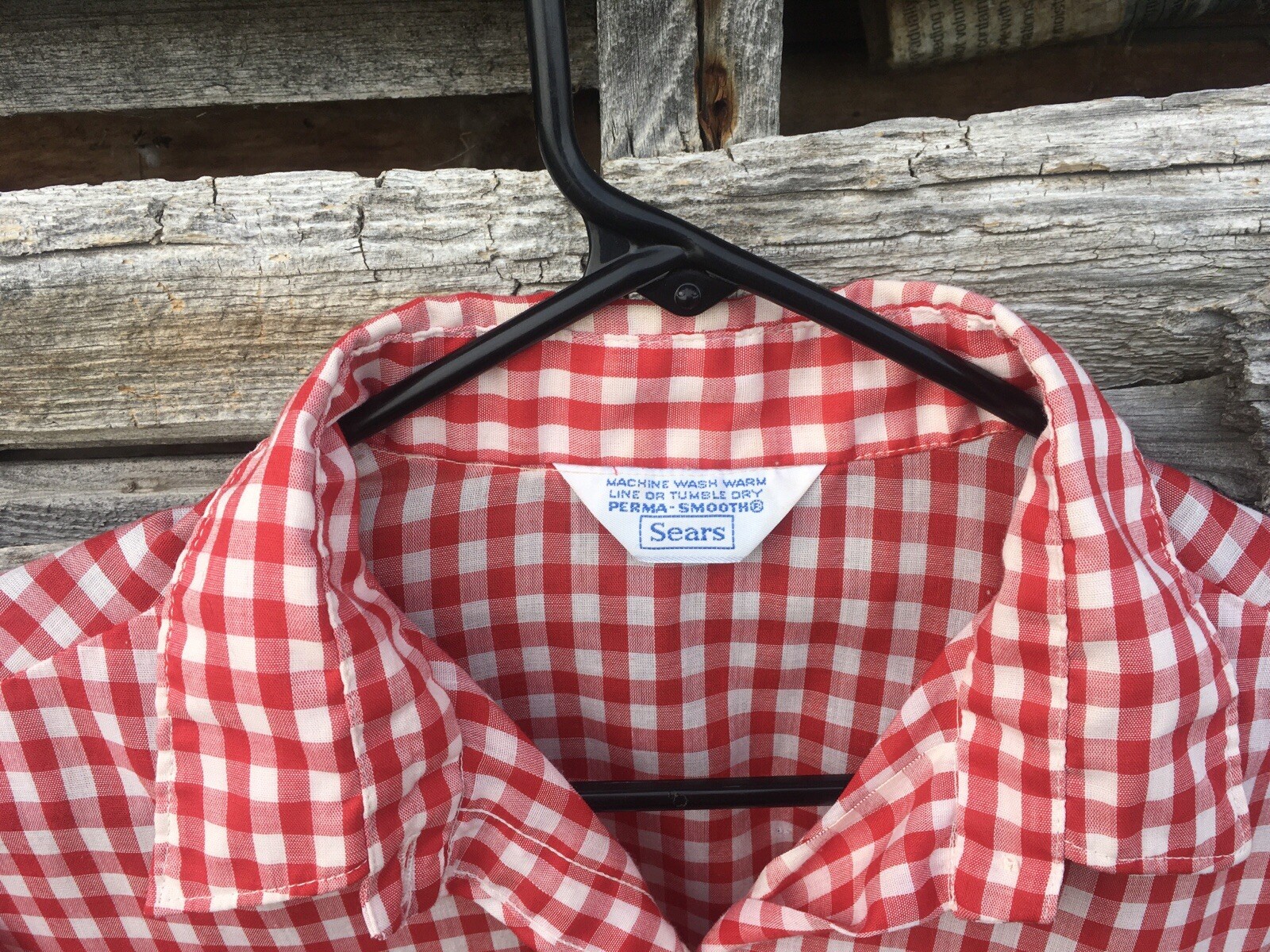 Vintage SEARS Perma-Smooth Red Checkers M Button Up Shirt Blouse Rockabilly Nice