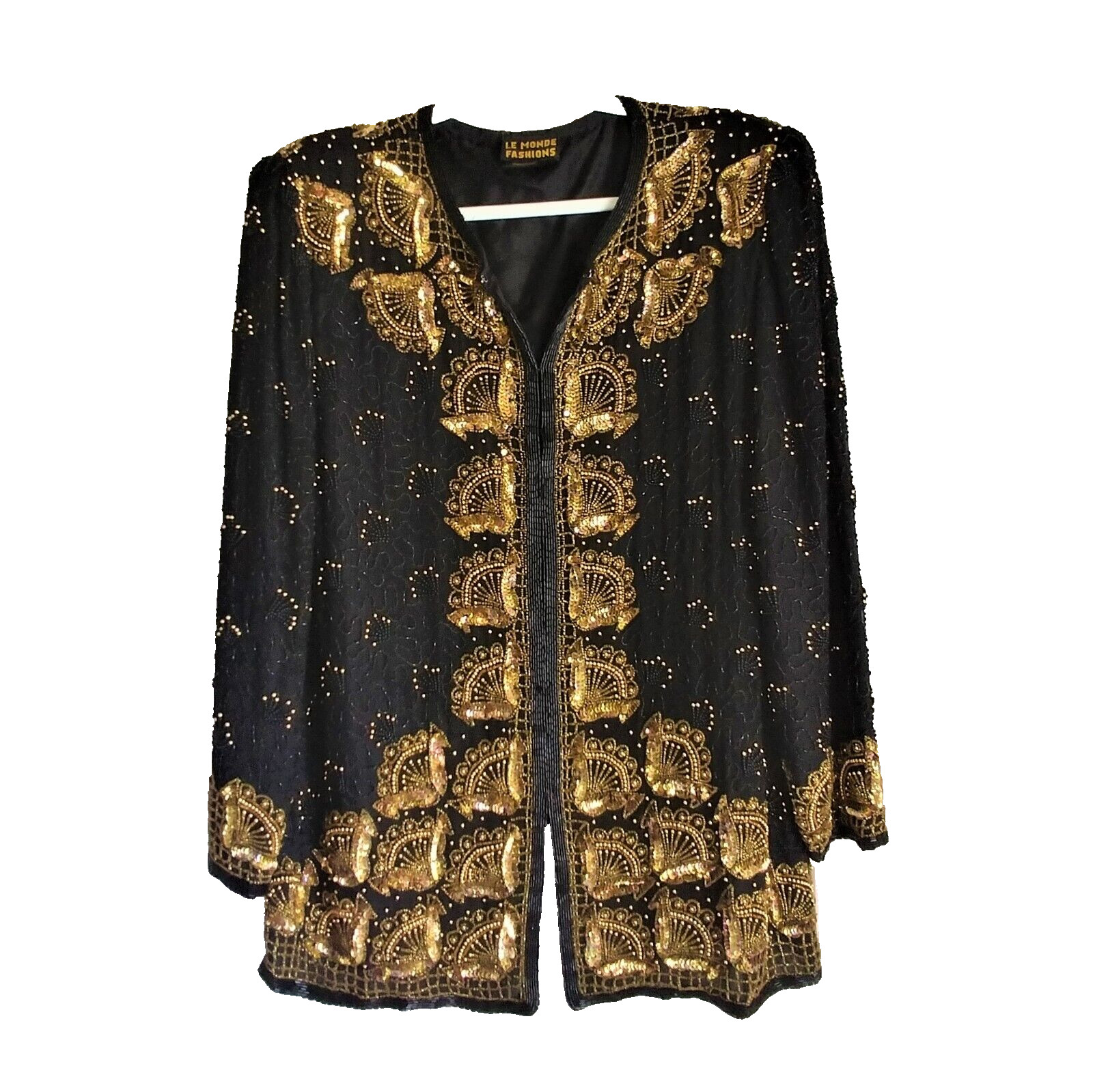 vintage Le Monde Fashions sequin beaded jacket silk Size Large Black and Gold 