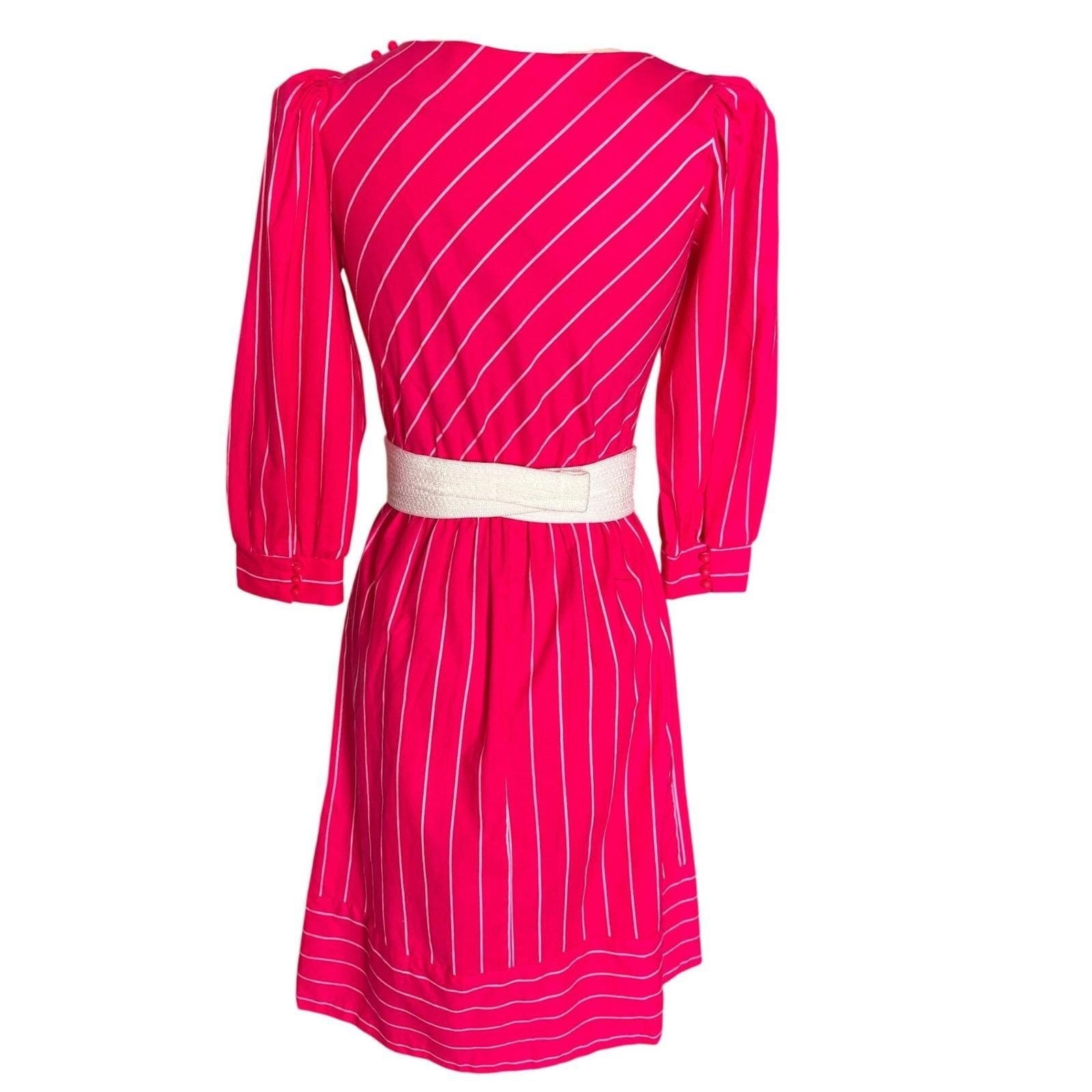 Hot Pink LGWU Midi Dress Womens Classic Union Made Pinstripe Puff Sleeve 80s USA