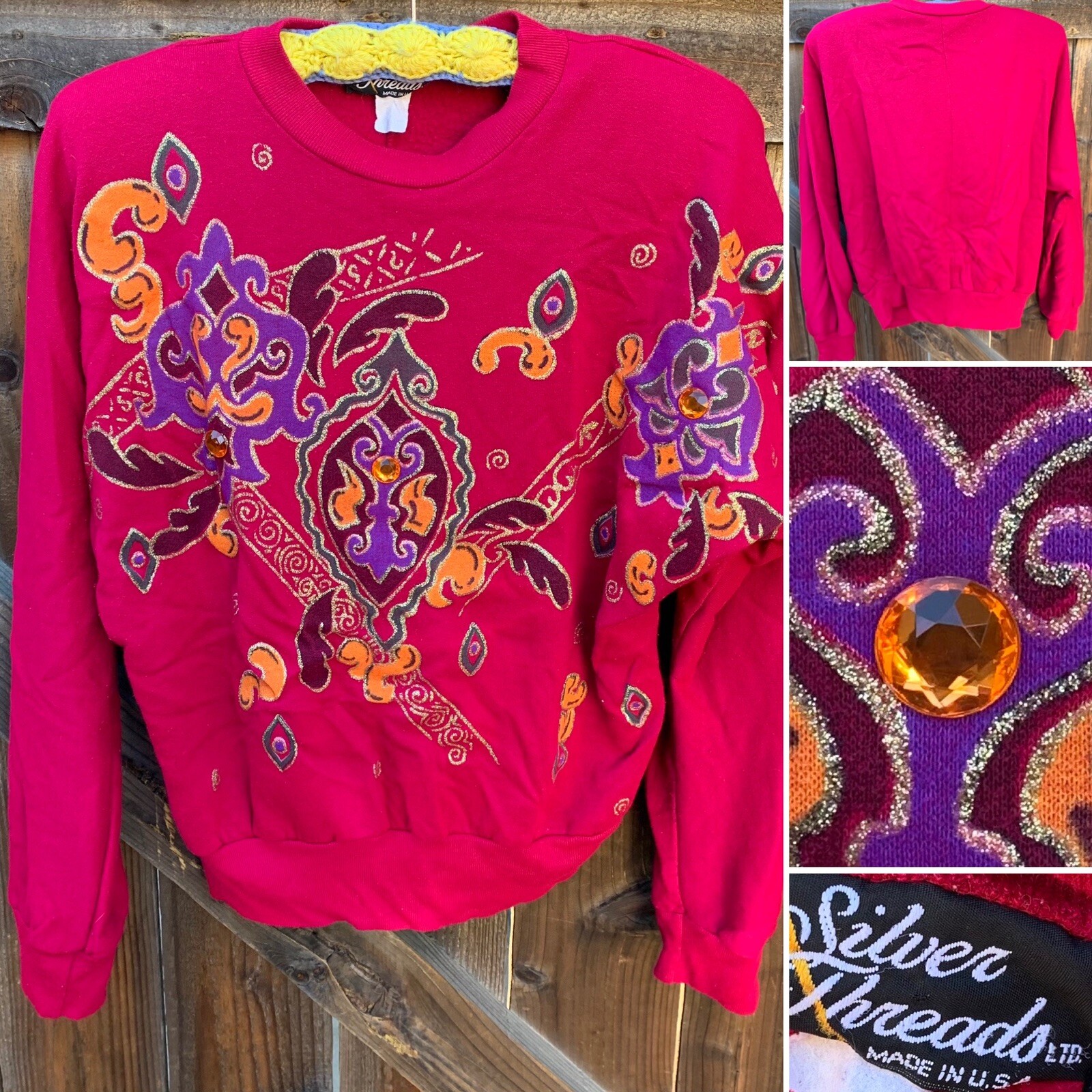 Vintage Silver Threads made in the USA jeweled wearable art sweatshirt size XS
