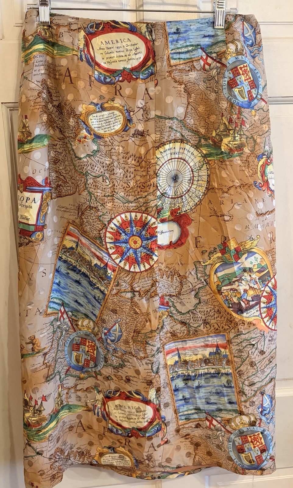 RARE Vintage Y2K Jerri Sherman 100% Silk Faux Wrap Skirt~Old School Maps~14~EXC
