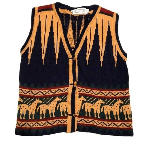 Vtg Sage Tribal Knit Vest Size M by Liz Ence USA Made Wood Toggle Buttons Womens