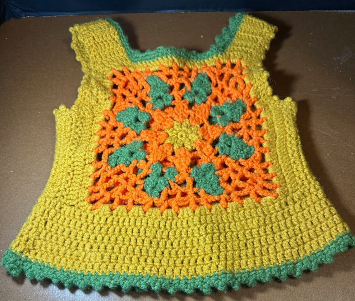 Crochet Vest vintage Handmade Granny Square Green Yellow orange size small?