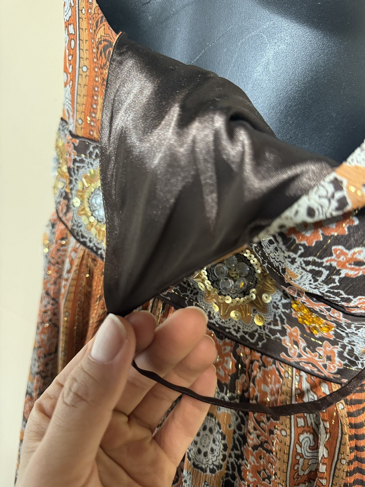VTG Spenser Jeremy Beaded Metallic 98% Silk Sun Dress Empire Waist Brown Sz 10