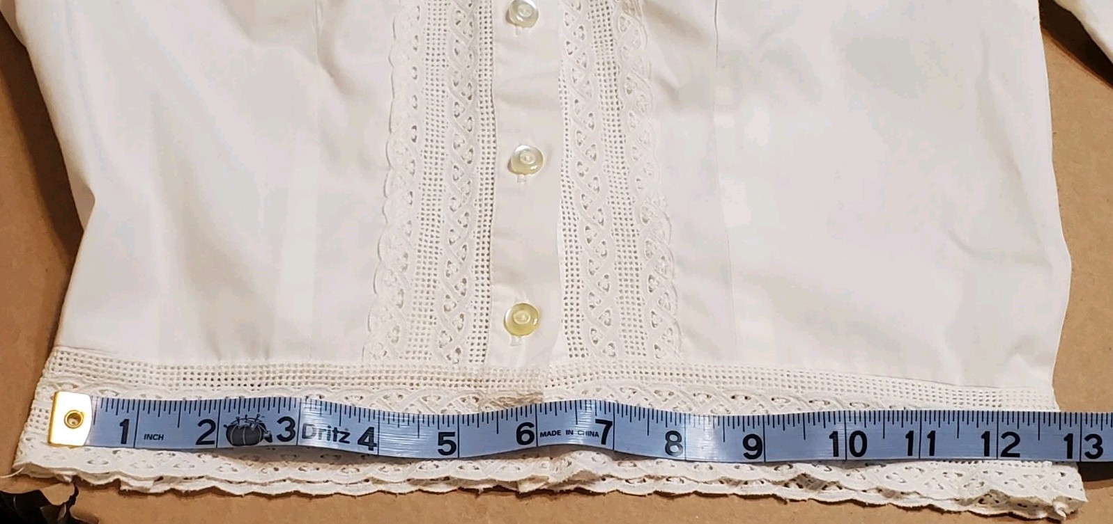 Vtg Terry Styled Chicago White Crop Top Lace Insert Trim Midriff Pinup Blouse