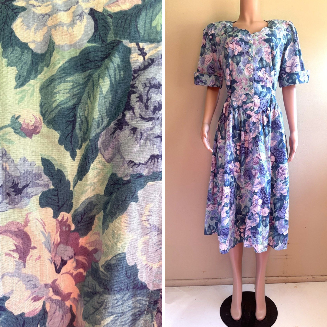 Vintage 80s Country Day Dress XL Button Up Tie Back Retro 40s Pastel Floral