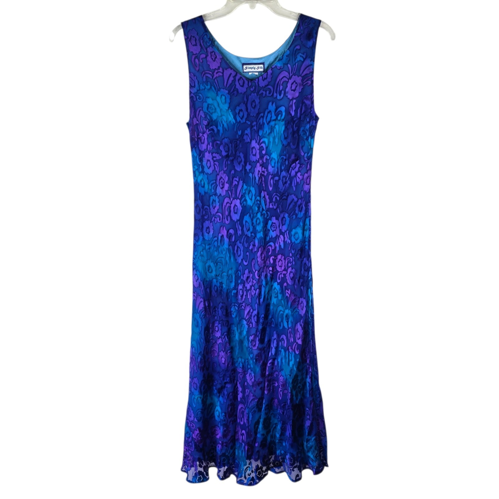 Vintage Simply Silk Womens Medium/ Large Blue Velvet Burnout Midi Dress